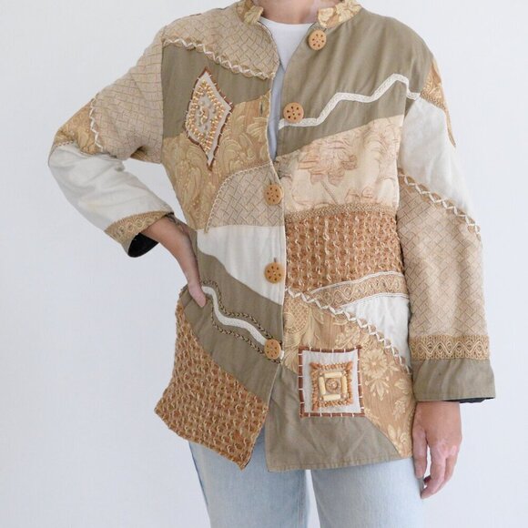Vintage Allure Tan Cream Embroidered Floral Patchwork Beaded Button Jacket M - Picture 1 of 10